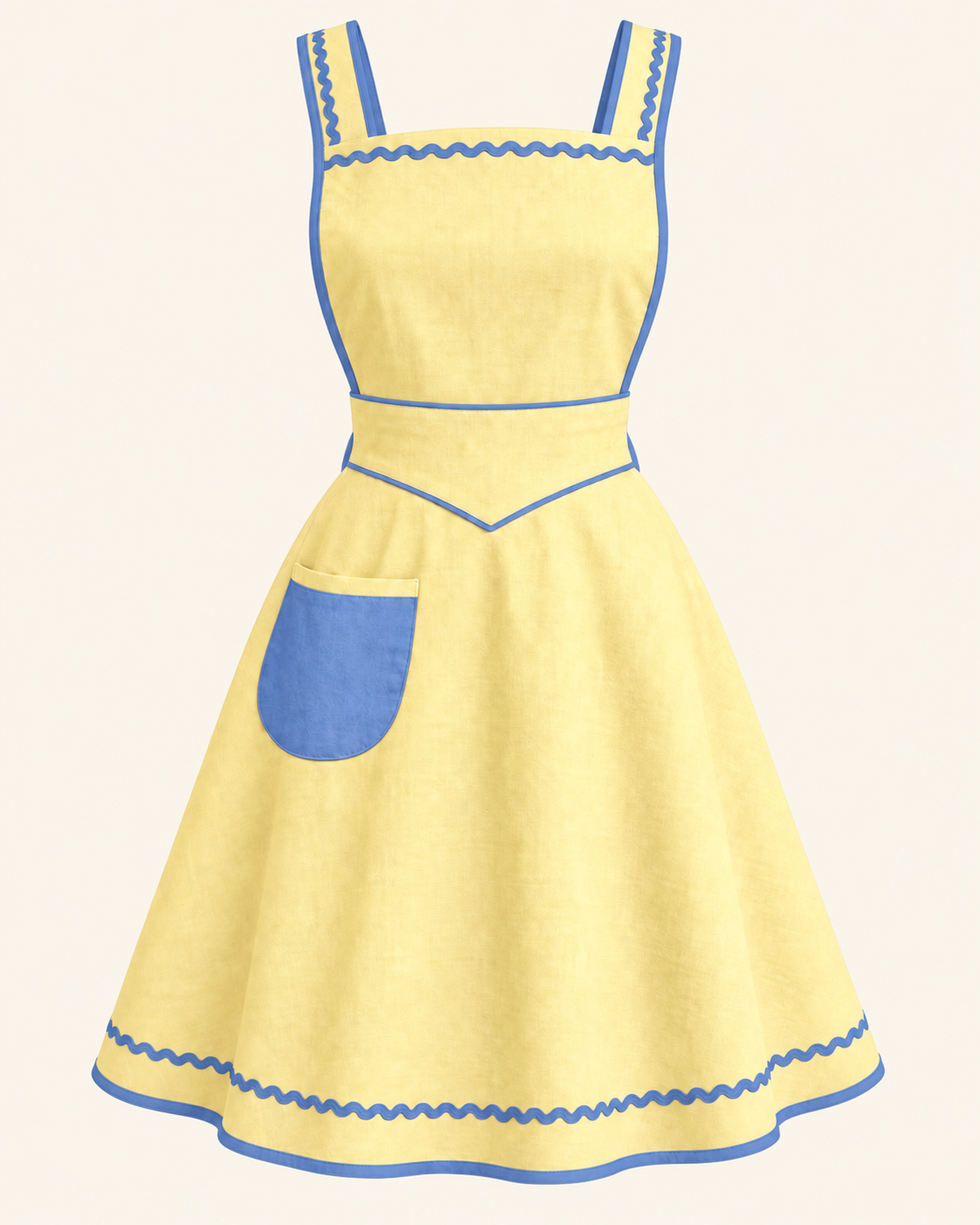 AI front design preview of the same pointed-waist bib apron in butter yellow with blue pocket and trim