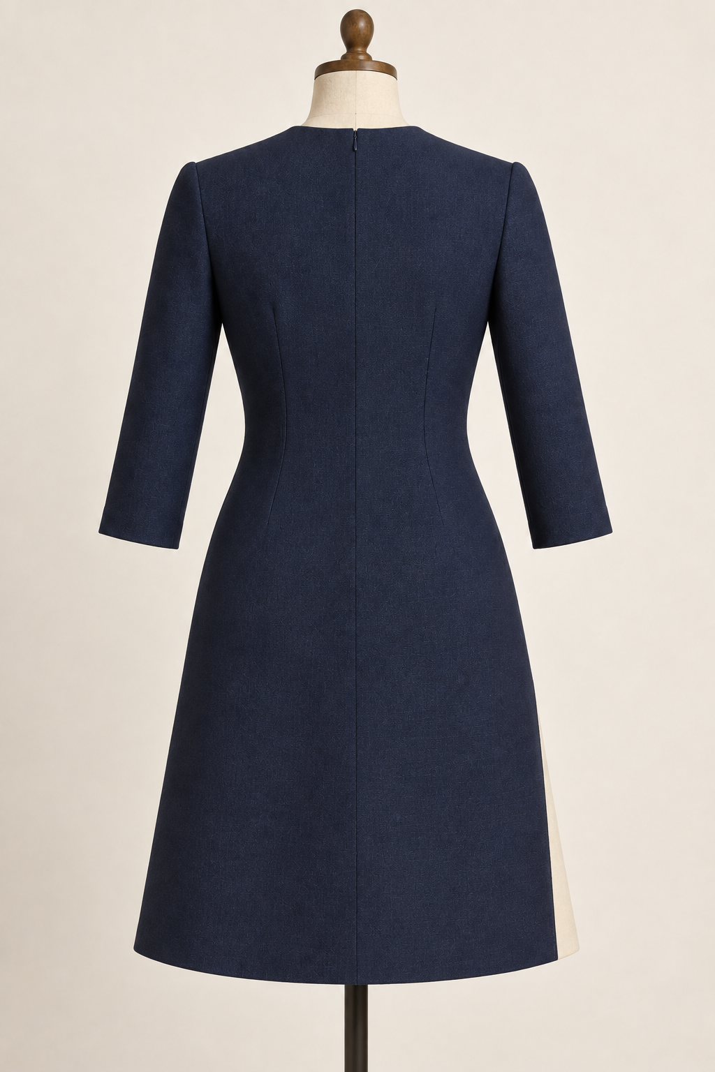 AI design preview: solid-navy dress back with shaping darts, center-back zipper and three-quarter sleeves.
