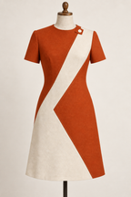AI design preview: burnt-orange-and-ivory diagonal-panel dress with short sleeves, front.