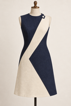 AI design preview: navy-and-ivory diagonal-panel dress in the sleeveless option, front.