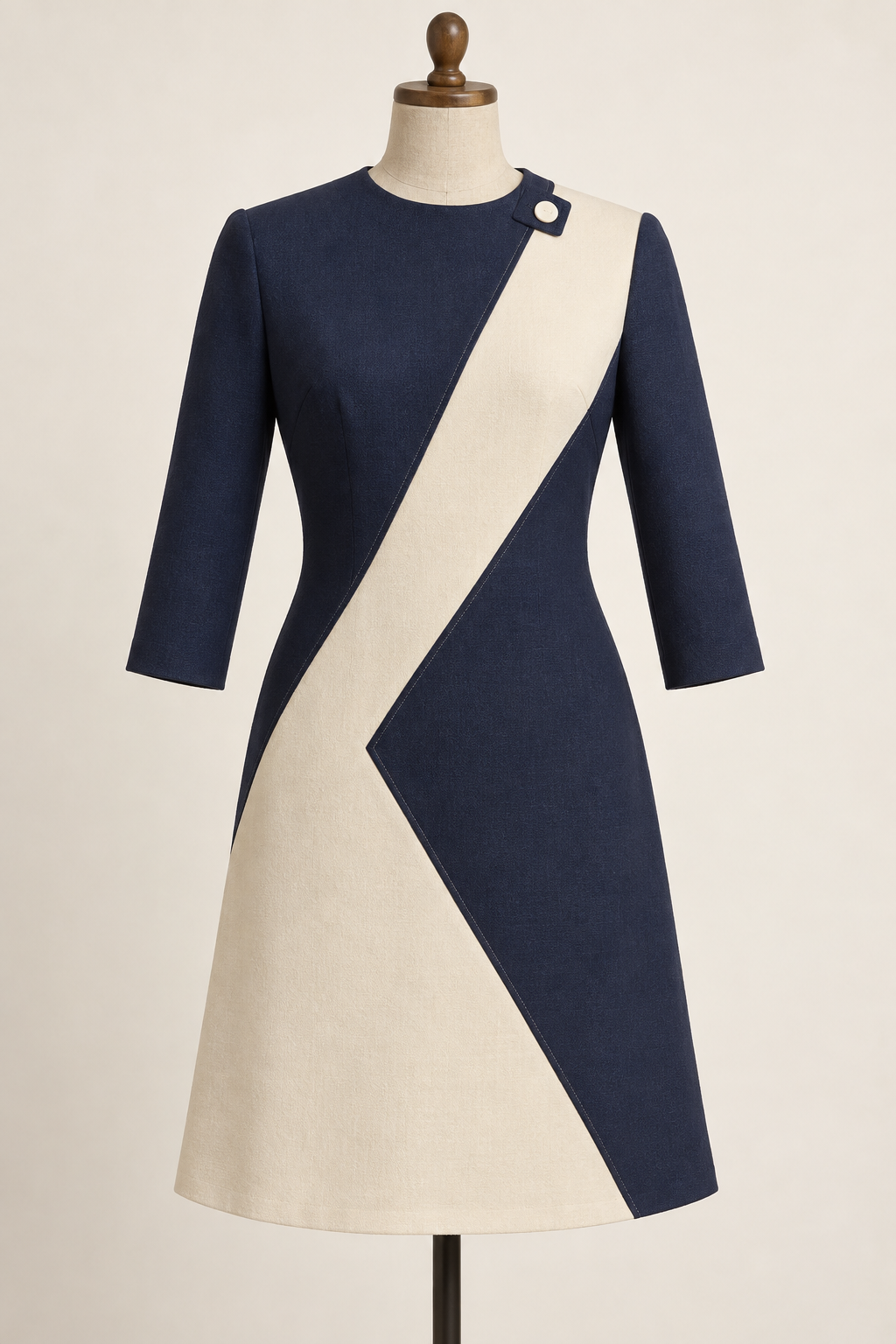 AI design preview: navy-and-ivory diagonal-panel dress with a buttoned neck tab and three-quarter sleeves, front.