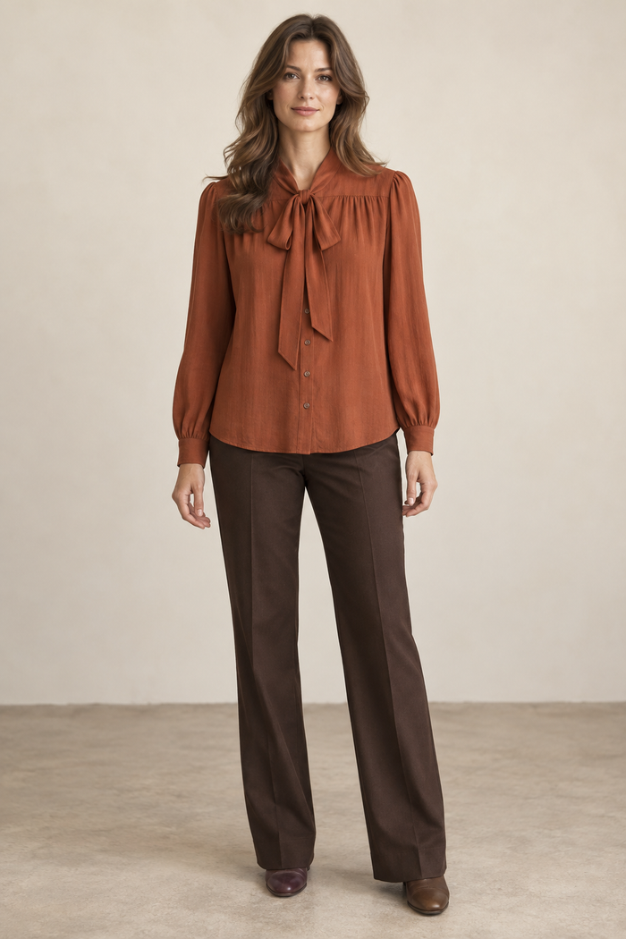 Design preview of 1970s-inspired bow blouse, front view on a model.