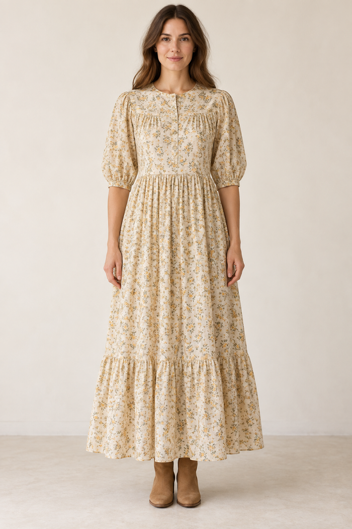Design preview of 1970s-inspired prairie maxi dress, front view on a model.