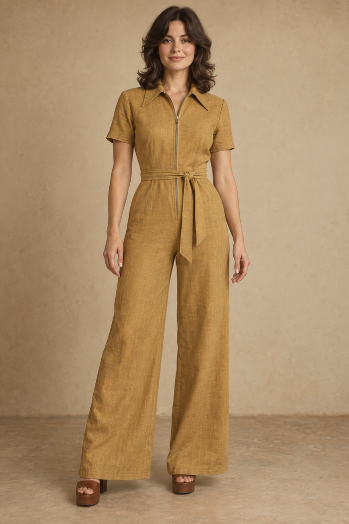 Design preview of a 1970s-inspired collared wide-leg jumpsuit with a waist tie, front view.