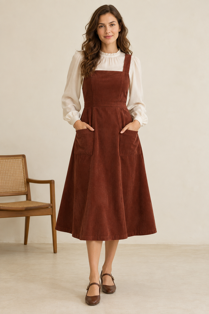 Front design preview of the Vintage-Inspired Adult Pinafore Dress by Sewlore.
