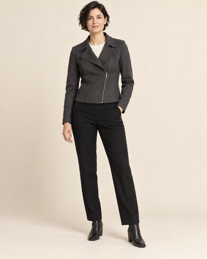 Front design preview of the asymmetric biker jacket.