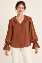 AI design preview: copper version of the same ruffle-neck tie-cuff blouse
