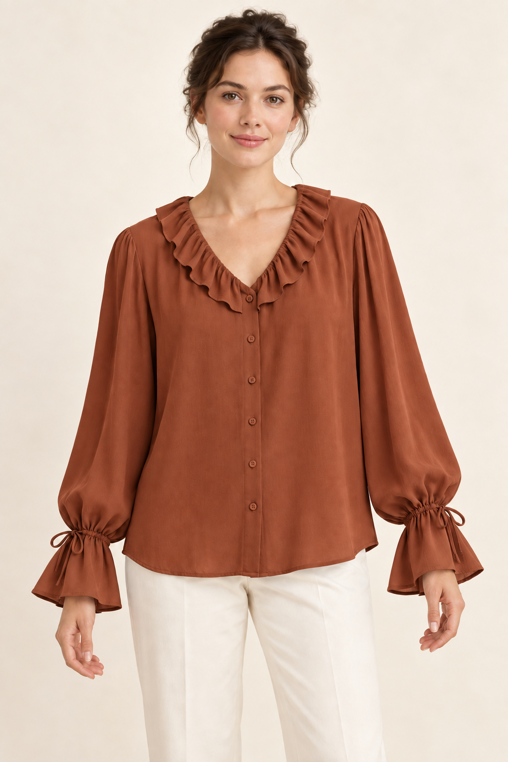 AI design preview: copper version of the same ruffle-neck tie-cuff blouse