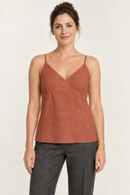 AI preview: terracotta option of the same gathered-bust woven camisole with thin straps and a straight hip-length hem.