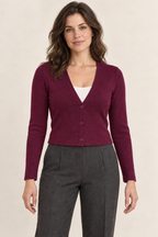 AI design preview: deep berry version of the same fitted V-neck button cardigan