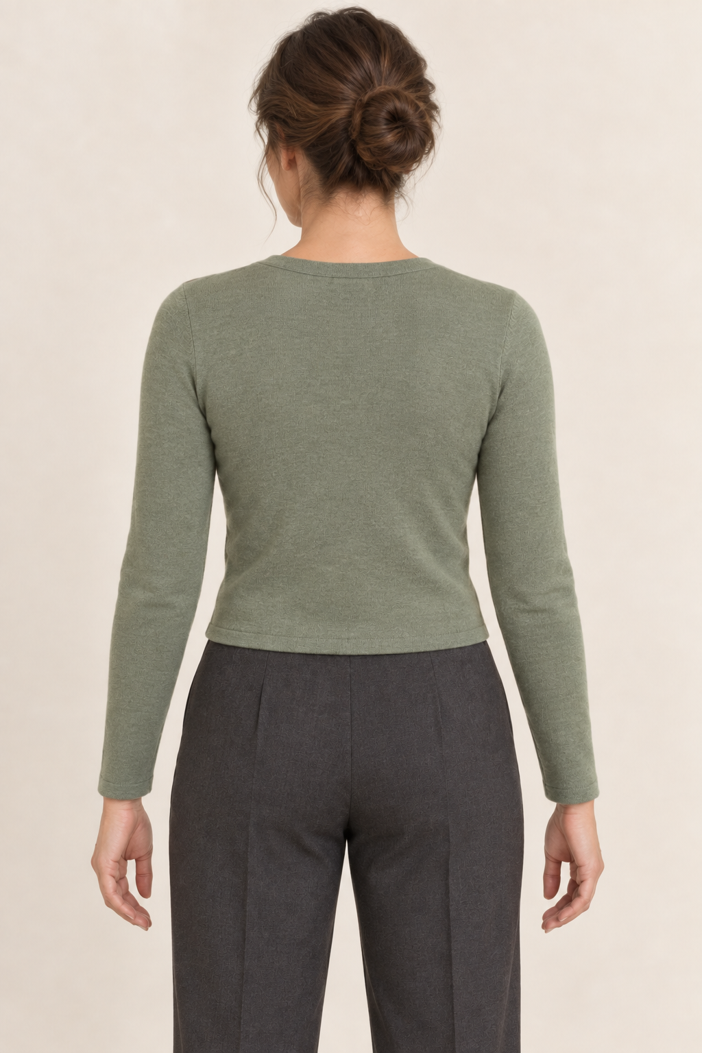 AI design preview: smooth sage cardigan back with set-in slim sleeves and a plain waist-length hem