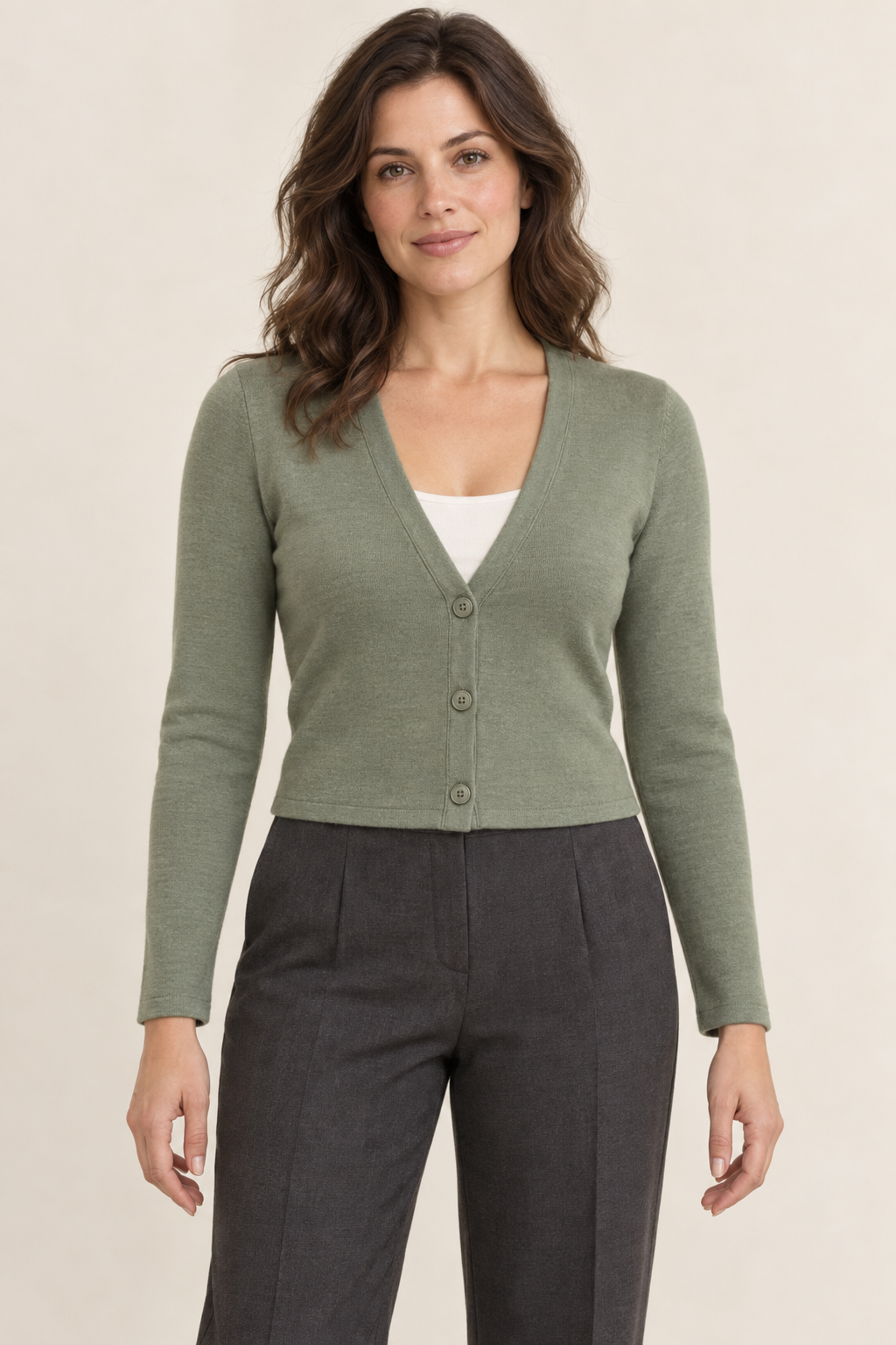 AI design preview: sage V-neck cropped knit cardigan with three buttons, slim sleeves and plain hems