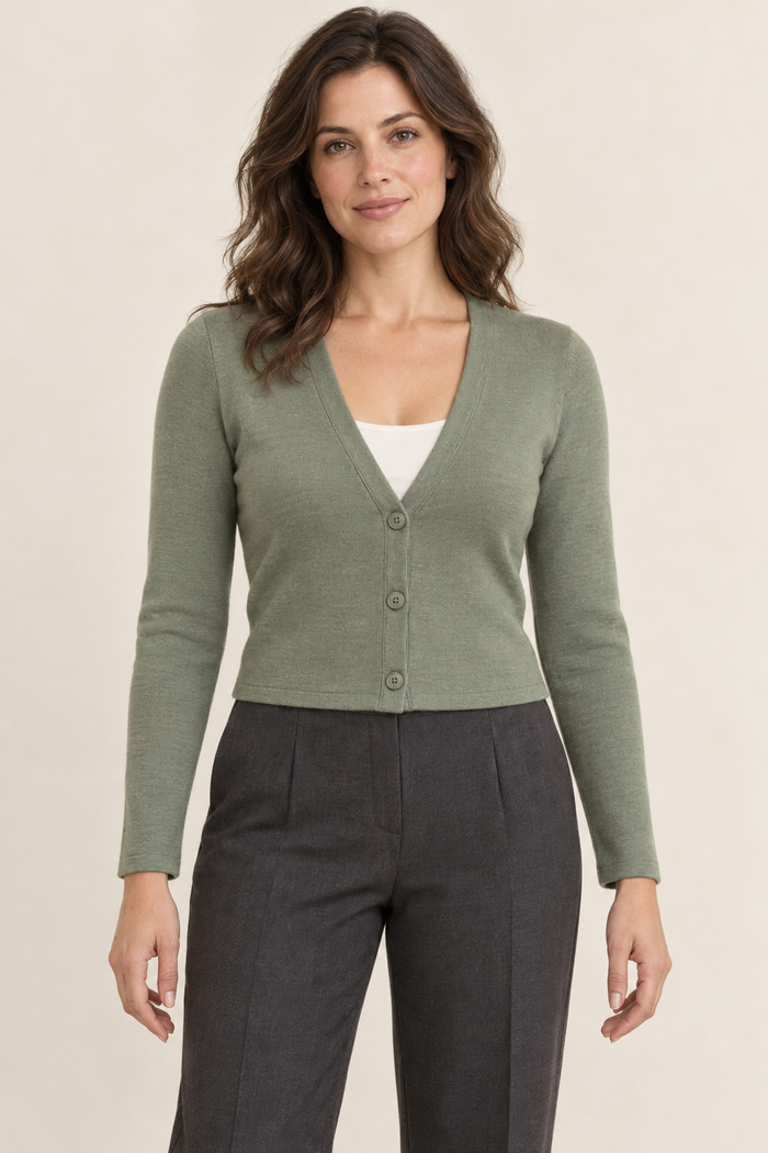 AI design preview: sage V-neck cropped knit cardigan with three buttons, slim sleeves and plain hems