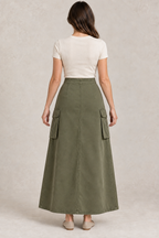 AI preview: plain back of the olive cargo maxi skirt with waist darts, side cargo pockets and a closed hem without a slit.