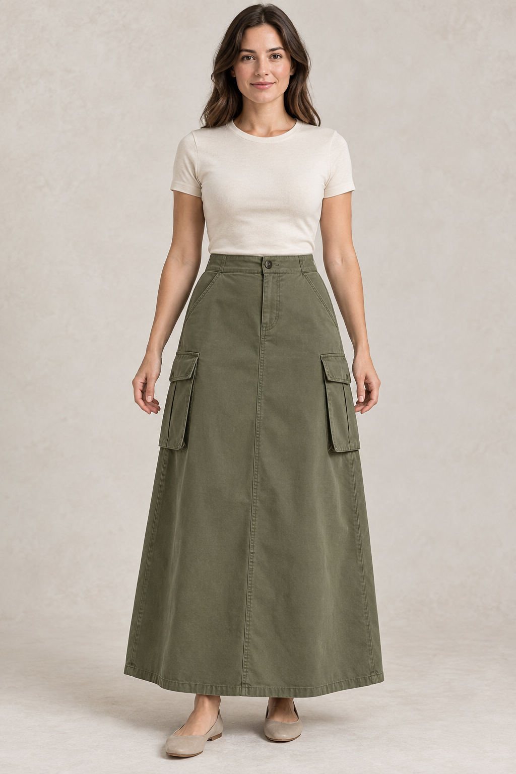 AI preview: olive A-line cargo maxi skirt with a fitted fly waist, slanted hip pockets and flapped bellows side pockets.