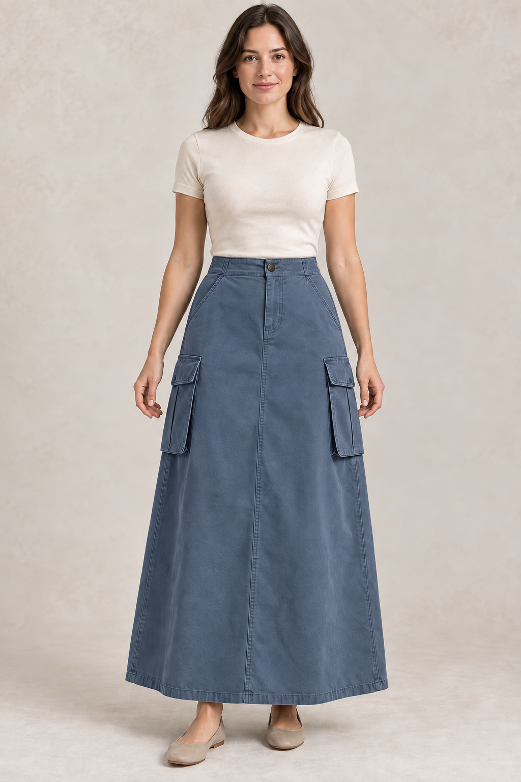 AI preview: slate-blue color option of the same closed-hem cargo maxi skirt with a front fly and bellows side pockets.