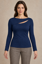 AI preview: ink-blue option of the same overlapping-yoke knit top with a curved diagonal upper-chest cutout.