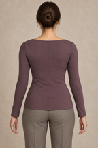 AI preview: plain high back of the smoky-plum knit top with a center-back seam, fitted long sleeves and hip-length hem.