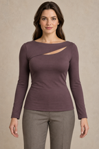 AI preview: smoky-plum knit top with an asymmetric overlapping front yoke, narrow chest cutout and long sleeves.