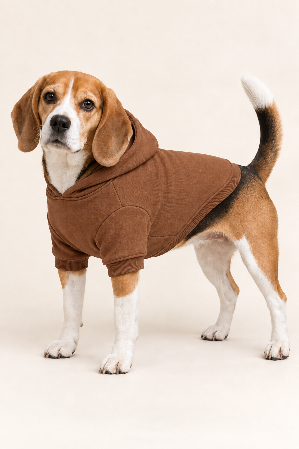 AI preview: cinnamon-brown plain dog hoodie option without decorative fins, with the hood resting behind the neck.