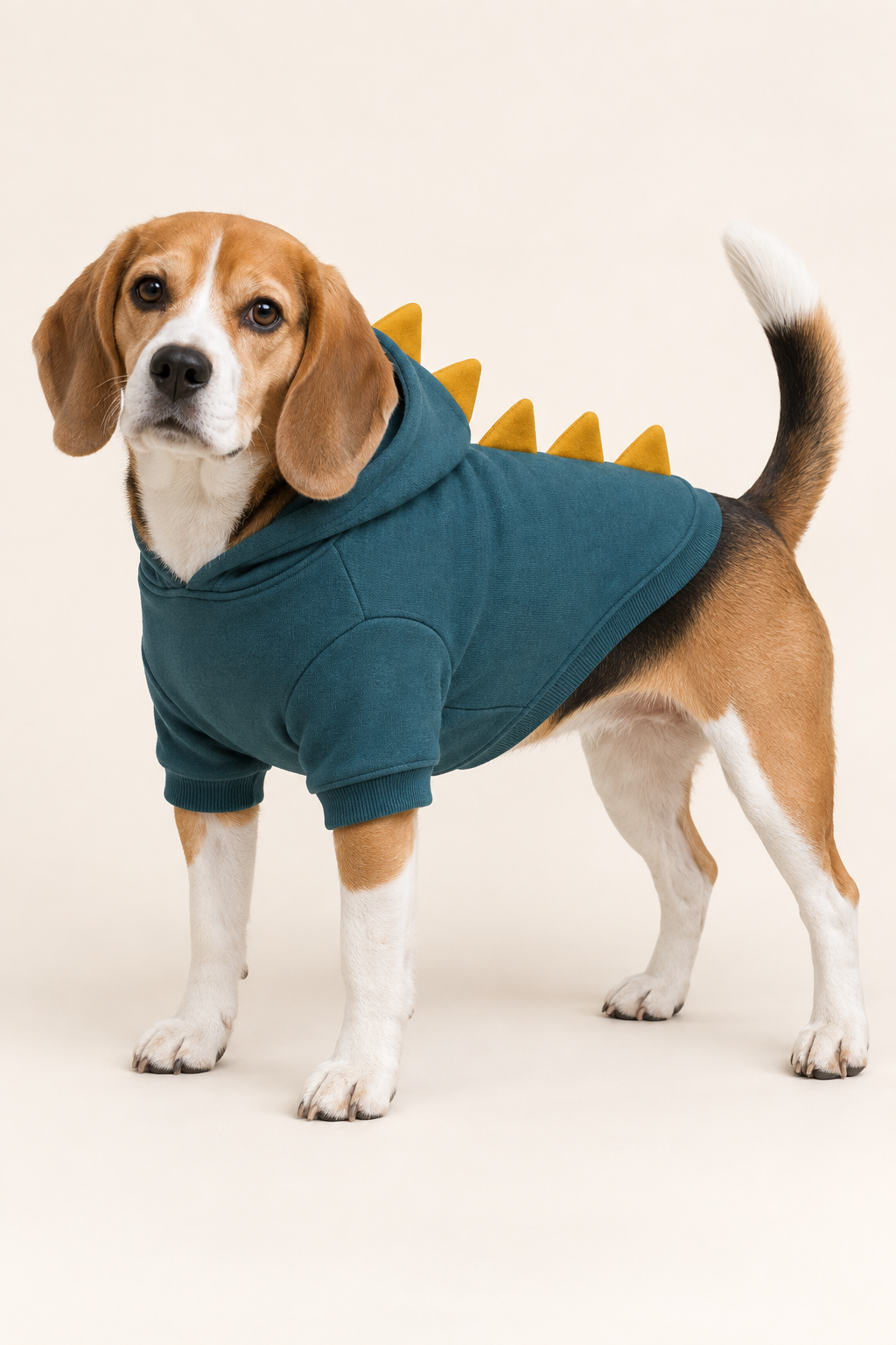 AI preview: teal pull-on dog hoodie with short cuffed front-leg sleeves and optional soft mustard dinosaur fins.