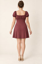 AI design preview: maroon dress back showing ruched short upper bodice and smooth lower body without waist seam or zipper