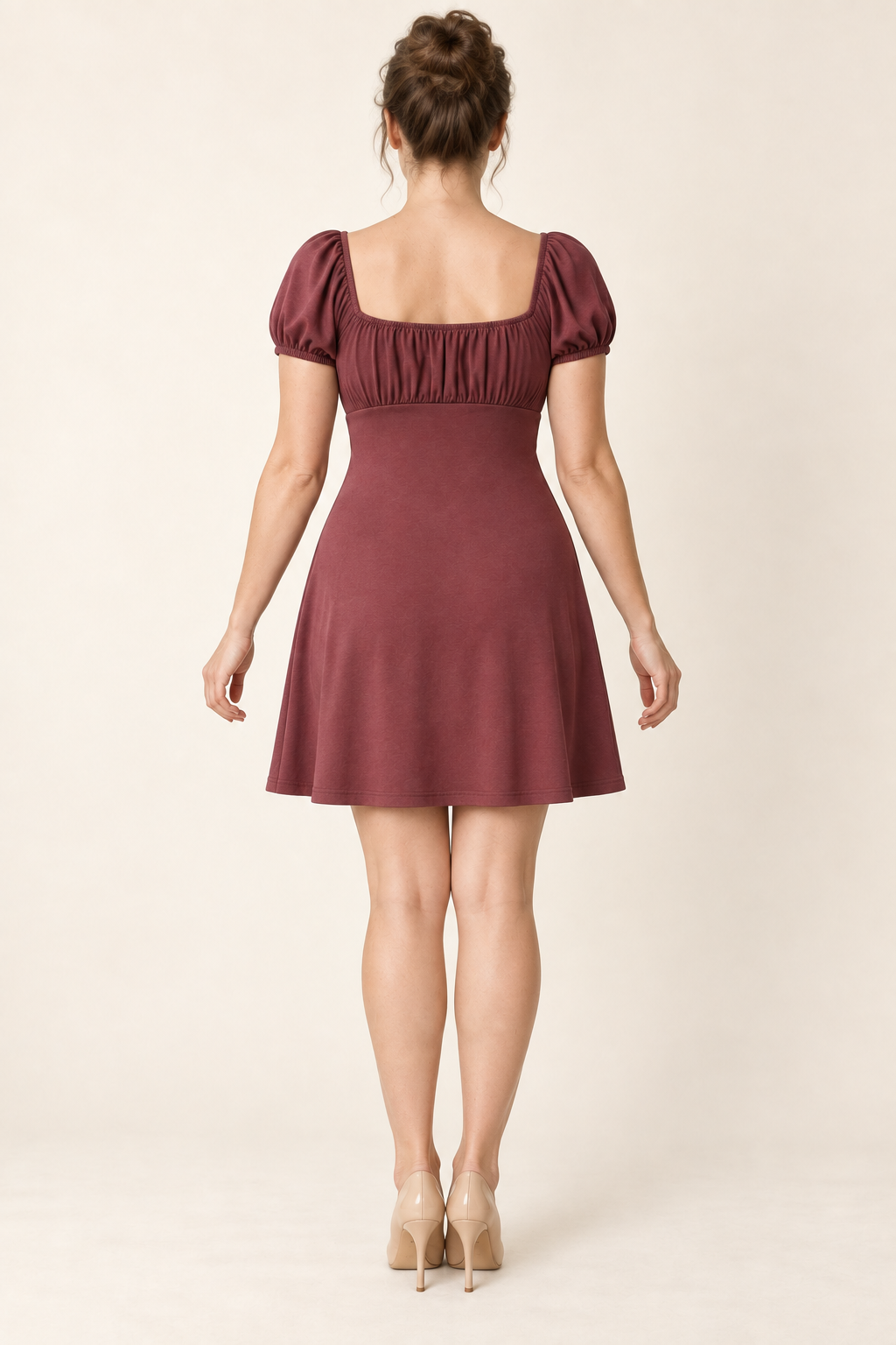 AI design preview: maroon dress back showing ruched short upper bodice and smooth lower body without waist seam or zipper