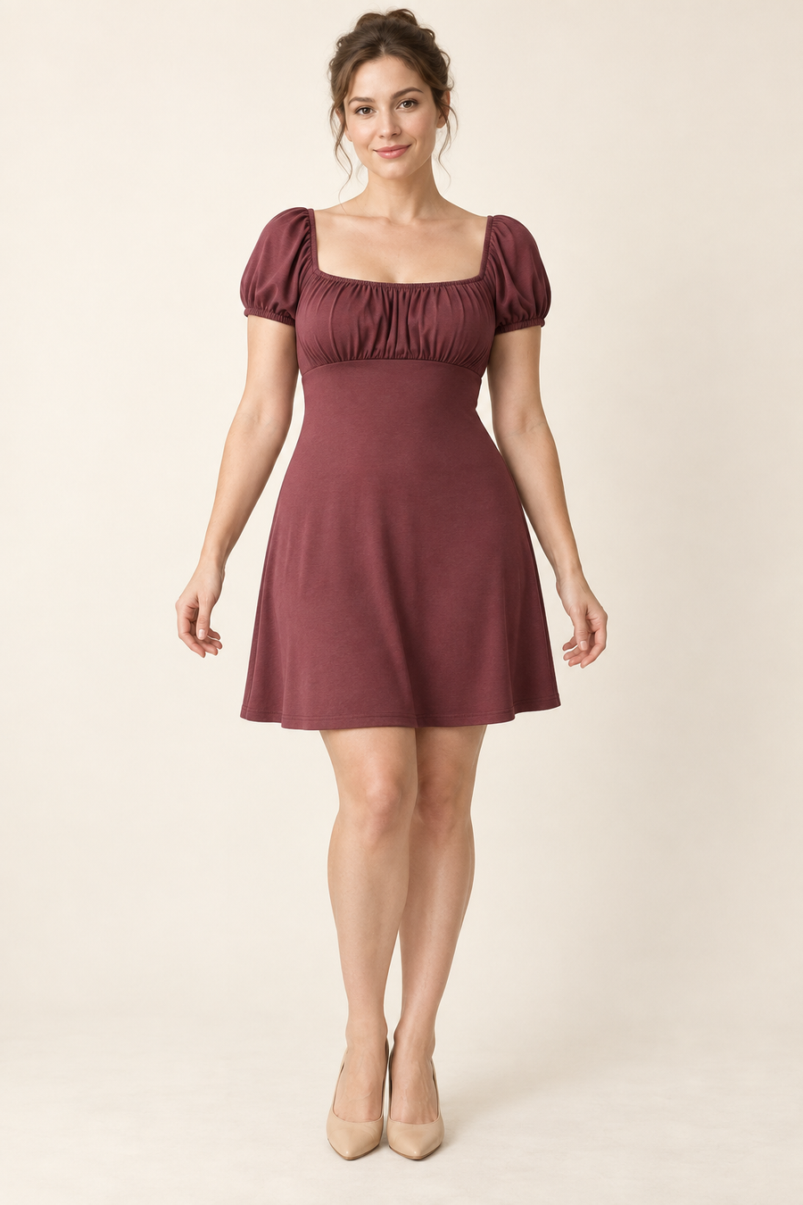 AI design preview: maroon knit dress with square elastic neckline, puff sleeves and a ruched upper empire bodice above a smooth flared skirt
