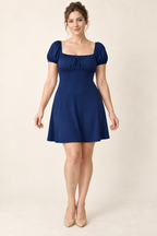 AI design preview: navy version of the same ruched empire puff-sleeve knit dress
