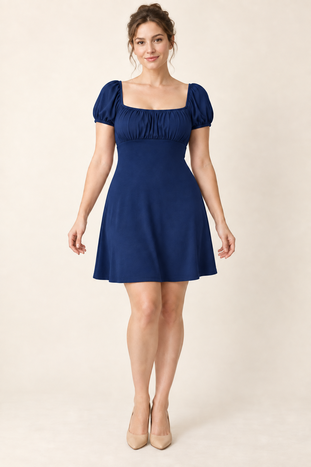AI design preview: navy version of the same ruched empire puff-sleeve knit dress