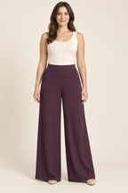 AI preview: aubergine woven palazzo pants with a smooth flat front waistband, slanted hip pockets and wide unpleated legs.