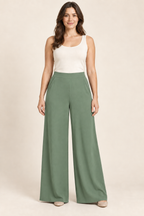 AI preview: sage-green version of the same flat-front elastic-back woven palazzo pants.