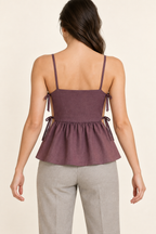 AI design preview: plum camisole back with lower square neckline, gathered rear peplum and open sides joined by narrow bows