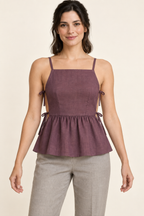 AI design preview: plum square-neck peplum camisole with thin straps, waist darts and two bow ties at each open side