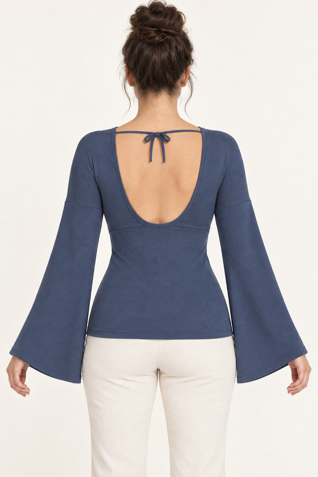 AI design preview: slate-blue bell-sleeve top back with a deep bound U opening, narrow nape bow and closed lower-back panel.