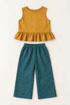 AI preview: children's ochre sleeveless ruffle-hem top and teal elastic-waist wide-leg pants shown from the front.