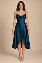AI preview: the same cowl-bodice wrap-skirt dress in midnight teal, complete front view.