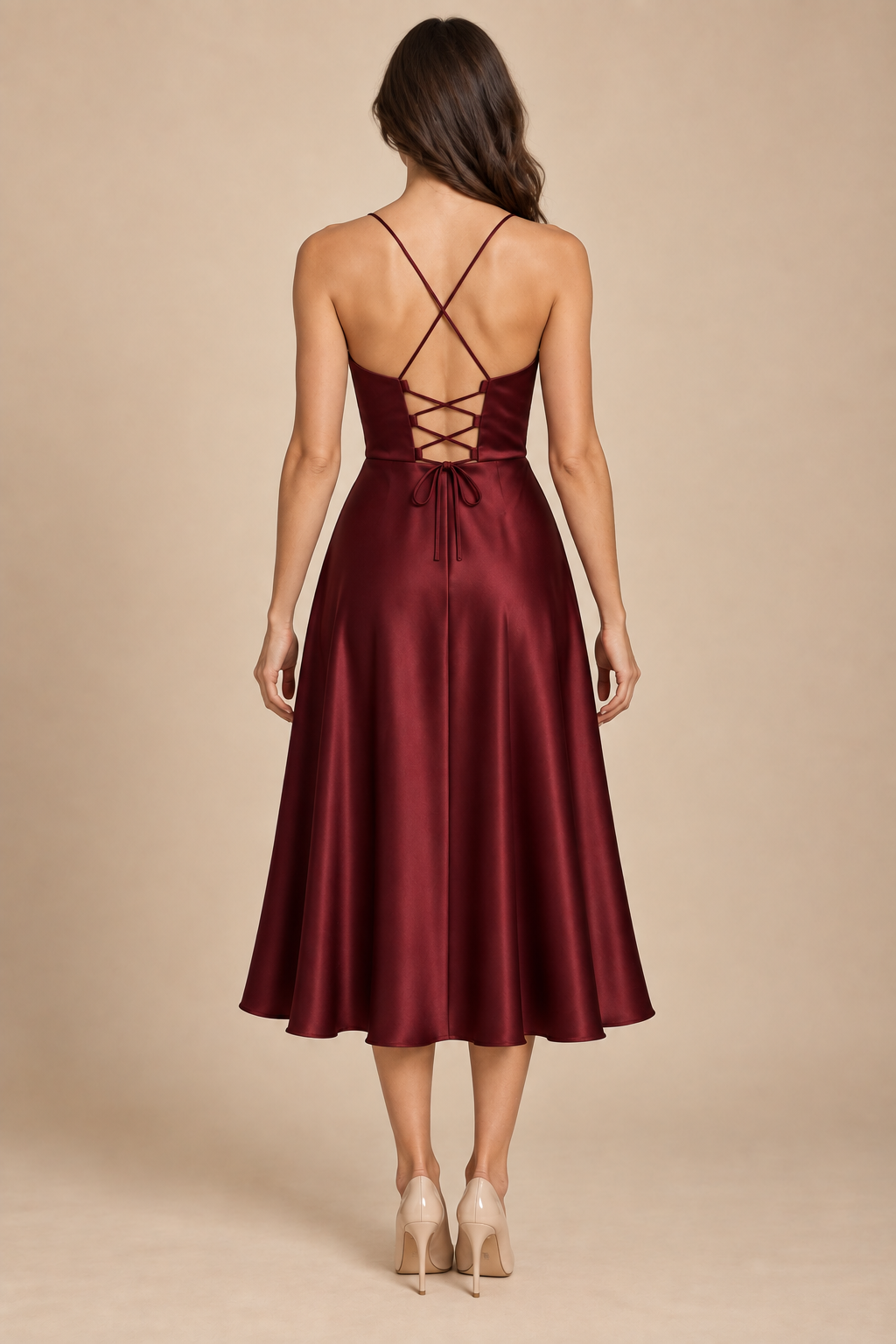 AI preview: rear of wine midi dress with crossed fine straps, fabric-loop lacing and a closed full skirt.