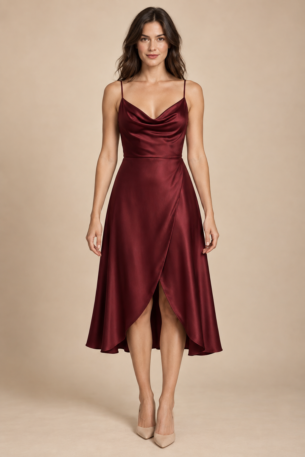 AI preview: wine cowl-bodice midi dress with a defined waist seam and curved overlapping front skirt panels.
