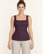 AI design preview: aubergine sleeveless square-neck top with long front princess shaping and a continuous hip-length body