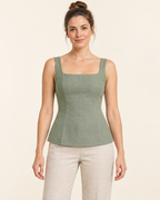 AI design preview: dusty sage version of the square-neck woven top with broad shoulders and continuous front shaping seams