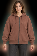 AI design preview: muted clay version of the same full-zip hoodie with two kangaroo pocket halves and a drawcord hood