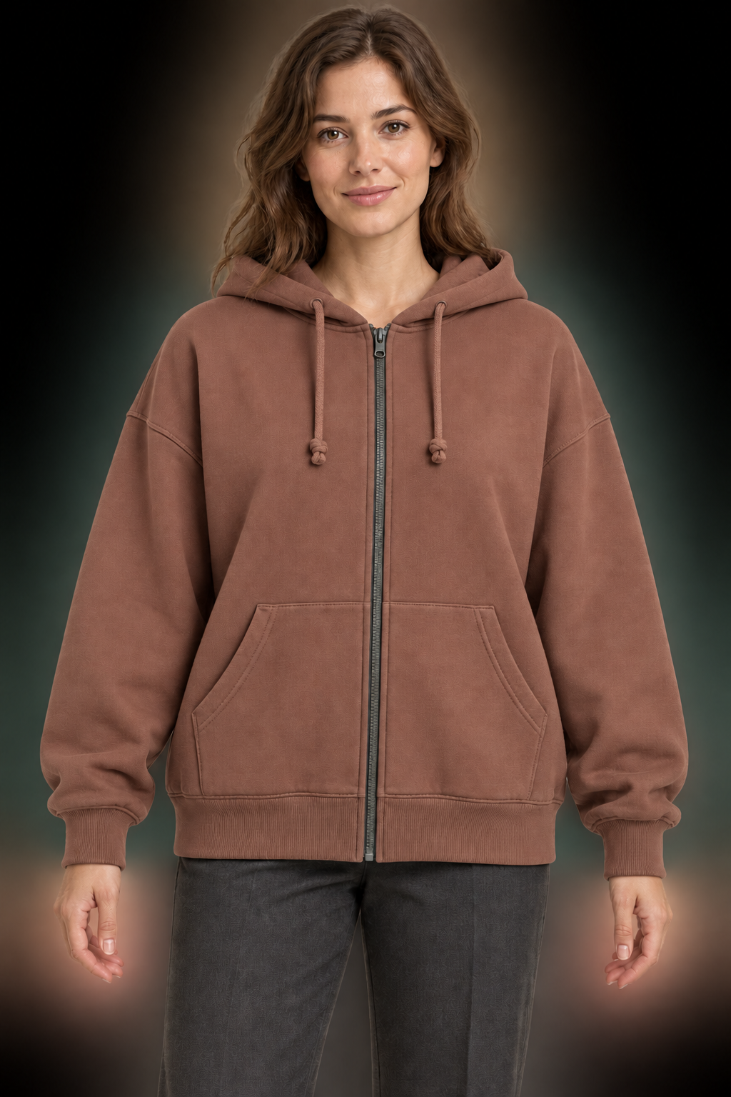 AI design preview: muted clay version of the same full-zip hoodie with two kangaroo pocket halves and a drawcord hood