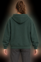 AI design preview: plain spruce hoodie back with center-seam hood, dropped shoulders, roomy sleeves and rib hem