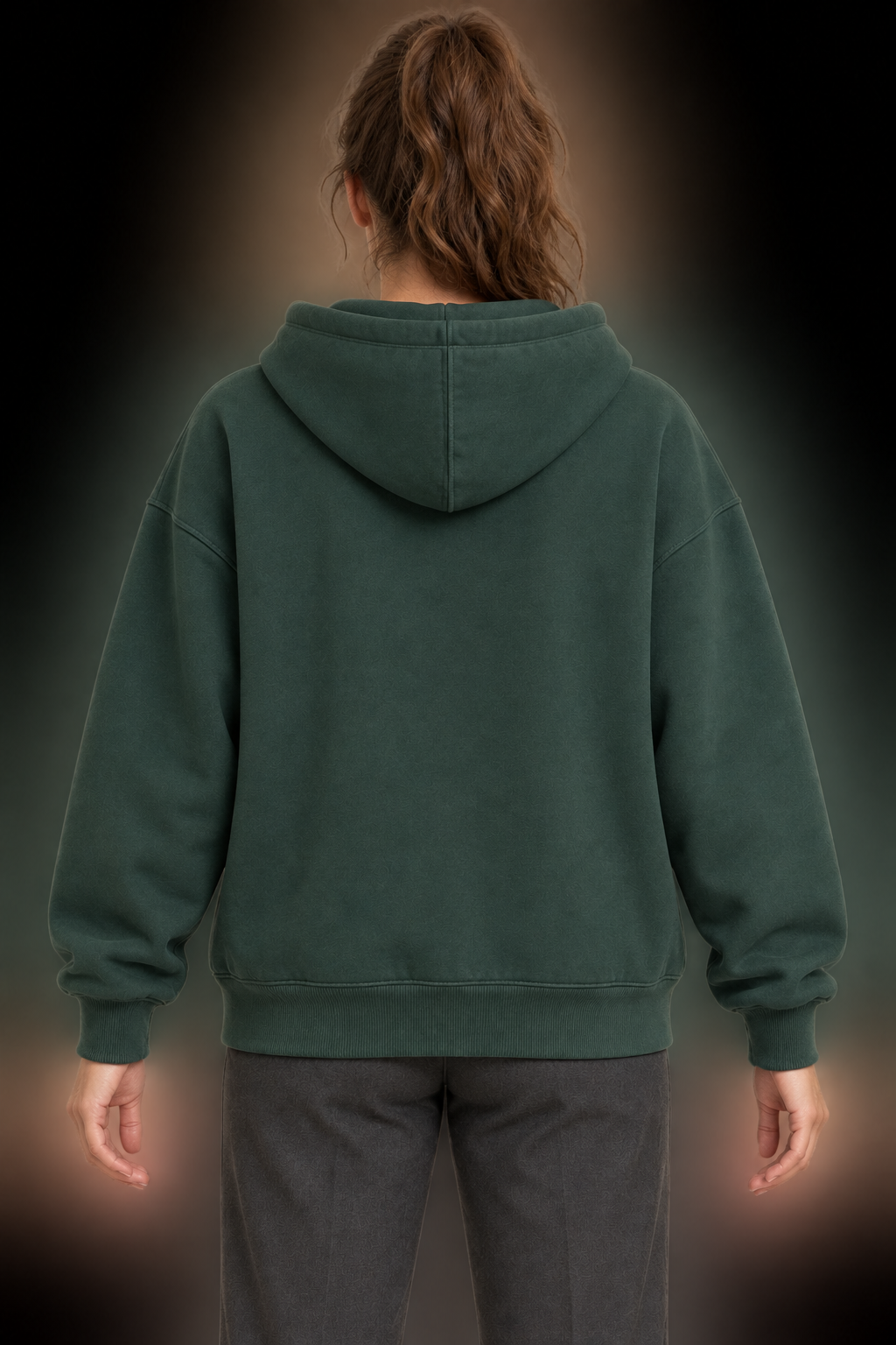 AI design preview: plain spruce hoodie back with center-seam hood, dropped shoulders, roomy sleeves and rib hem
