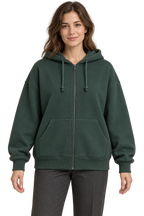 AI design preview: deep spruce oversized full-zip hoodie with lined drawcord hood, split kangaroo pockets and rib cuffs and hem