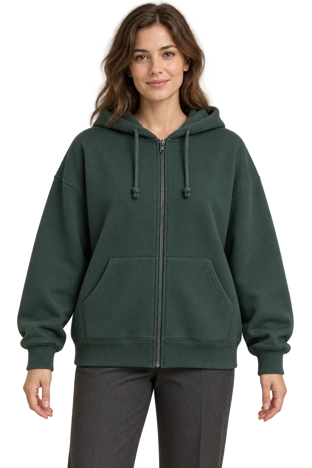AI design preview: deep spruce oversized full-zip hoodie with lined drawcord hood, split kangaroo pockets and rib cuffs and hem