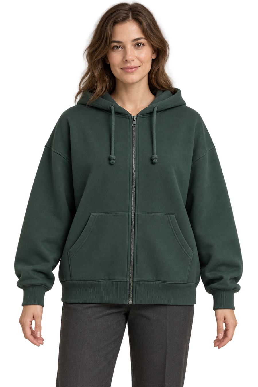 AI design preview: deep spruce oversized full-zip hoodie with lined drawcord hood, split kangaroo pockets and rib cuffs and hem