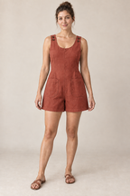 AI design preview: warm brick color of the same button-shoulder patch-pocket short romper with long shaping darts