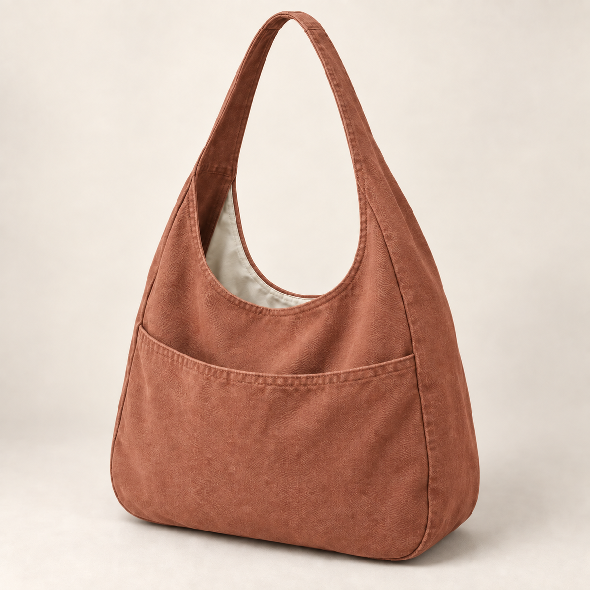 AI design preview: clay terracotta color of the integrated-strap hobo bag with a scooped open top and undivided outer pocket